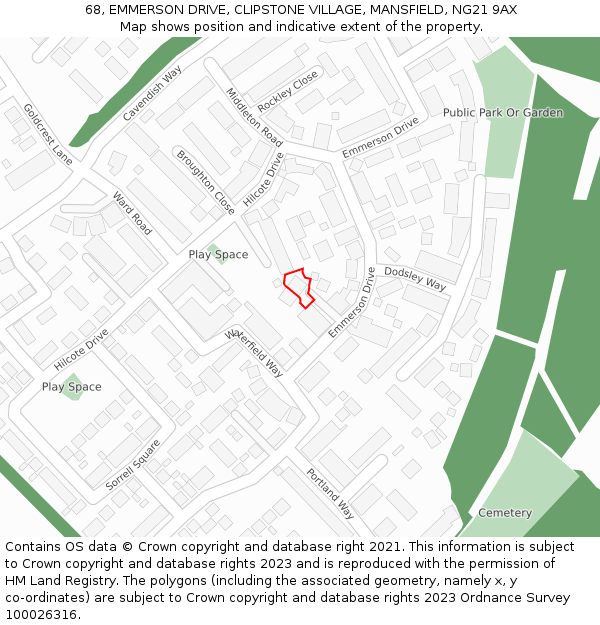 68, EMMERSON DRIVE, CLIPSTONE VILLAGE, MANSFIELD, NG21 9AX: Location map and indicative extent of plot