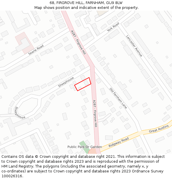 68, FIRGROVE HILL, FARNHAM, GU9 8LW: Location map and indicative extent of plot