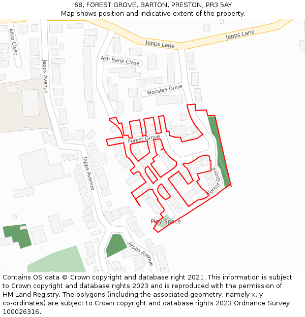 68, FOREST GROVE, BARTON, PRESTON, PR3 5AY: Location map and indicative extent of plot