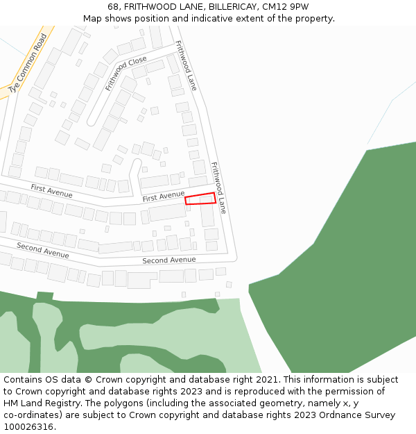 68, FRITHWOOD LANE, BILLERICAY, CM12 9PW: Location map and indicative extent of plot