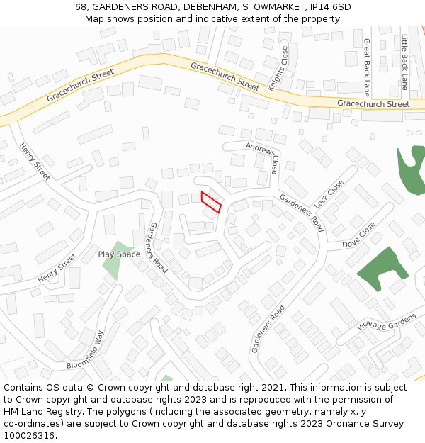 68, GARDENERS ROAD, DEBENHAM, STOWMARKET, IP14 6SD: Location map and indicative extent of plot