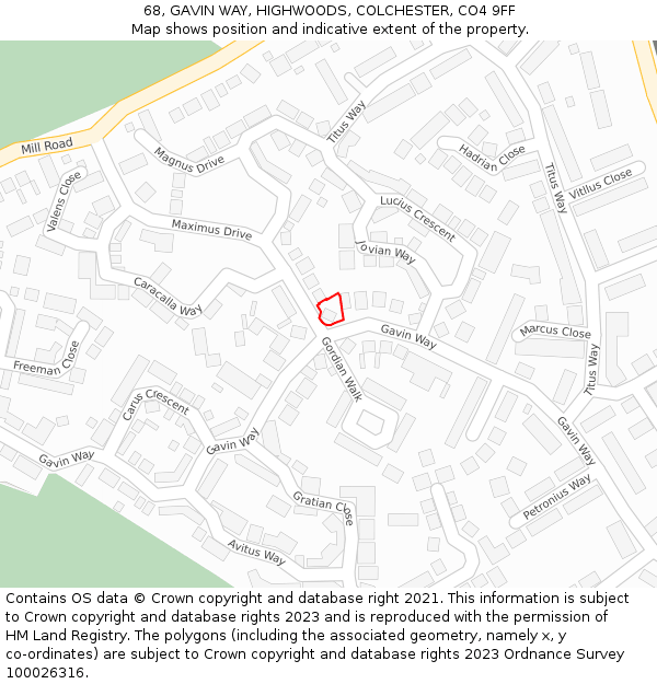 68, GAVIN WAY, HIGHWOODS, COLCHESTER, CO4 9FF: Location map and indicative extent of plot