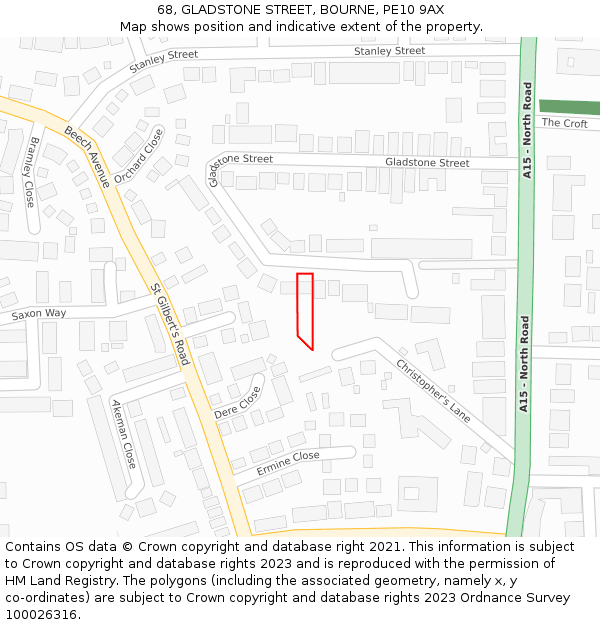 68, GLADSTONE STREET, BOURNE, PE10 9AX: Location map and indicative extent of plot