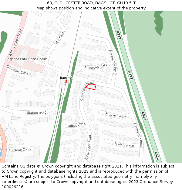 68, GLOUCESTER ROAD, BAGSHOT, GU19 5LT: Location map and indicative extent of plot