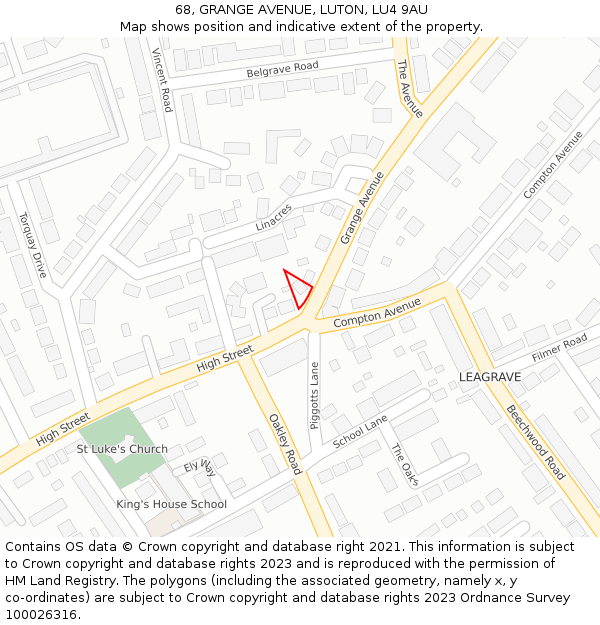 68, GRANGE AVENUE, LUTON, LU4 9AU: Location map and indicative extent of plot