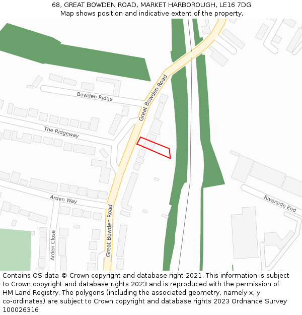 68, GREAT BOWDEN ROAD, MARKET HARBOROUGH, LE16 7DG: Location map and indicative extent of plot