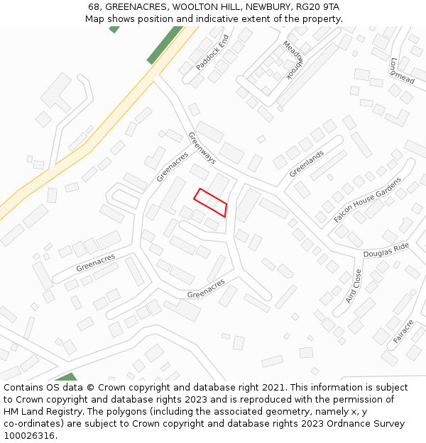 68, GREENACRES, WOOLTON HILL, NEWBURY, RG20 9TA: Location map and indicative extent of plot