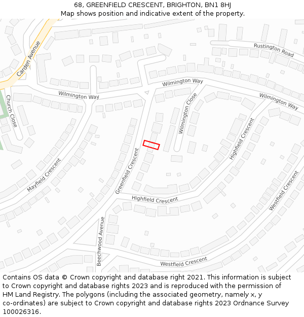 68, GREENFIELD CRESCENT, BRIGHTON, BN1 8HJ: Location map and indicative extent of plot