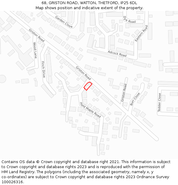 68, GRISTON ROAD, WATTON, THETFORD, IP25 6DL: Location map and indicative extent of plot