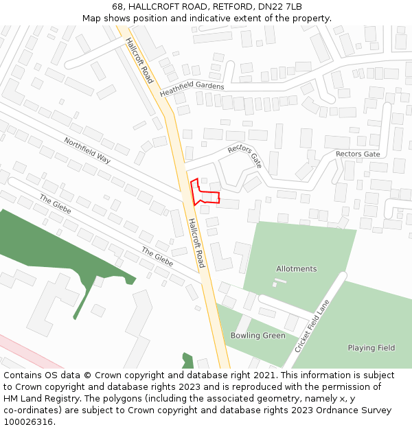 68, HALLCROFT ROAD, RETFORD, DN22 7LB: Location map and indicative extent of plot