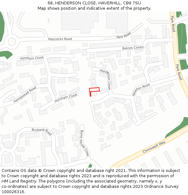 68, HENDERSON CLOSE, HAVERHILL, CB9 7SU: Location map and indicative extent of plot