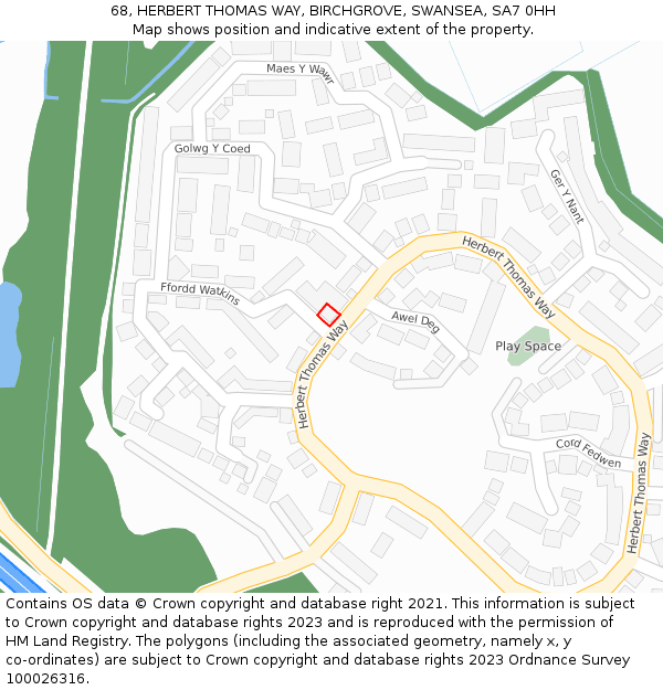 68, HERBERT THOMAS WAY, BIRCHGROVE, SWANSEA, SA7 0HH: Location map and indicative extent of plot