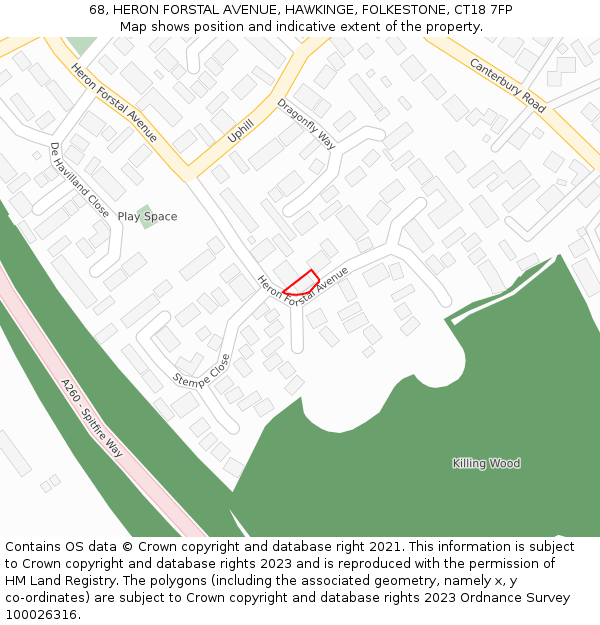 68, HERON FORSTAL AVENUE, HAWKINGE, FOLKESTONE, CT18 7FP: Location map and indicative extent of plot