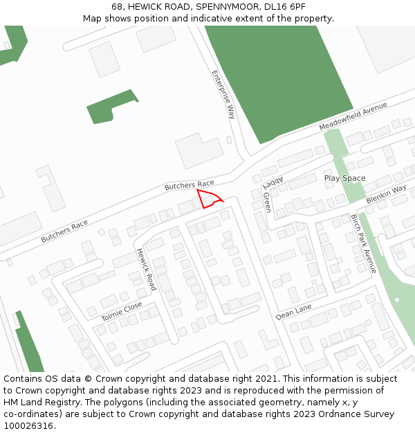 68, HEWICK ROAD, SPENNYMOOR, DL16 6PF: Location map and indicative extent of plot