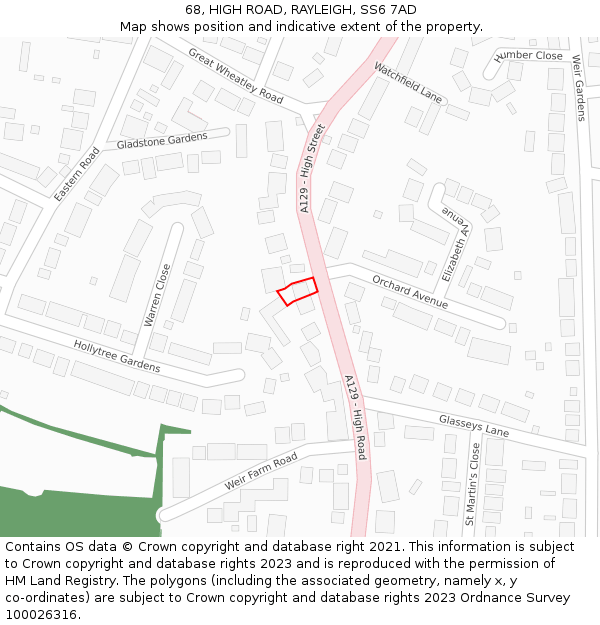 68, HIGH ROAD, RAYLEIGH, SS6 7AD: Location map and indicative extent of plot