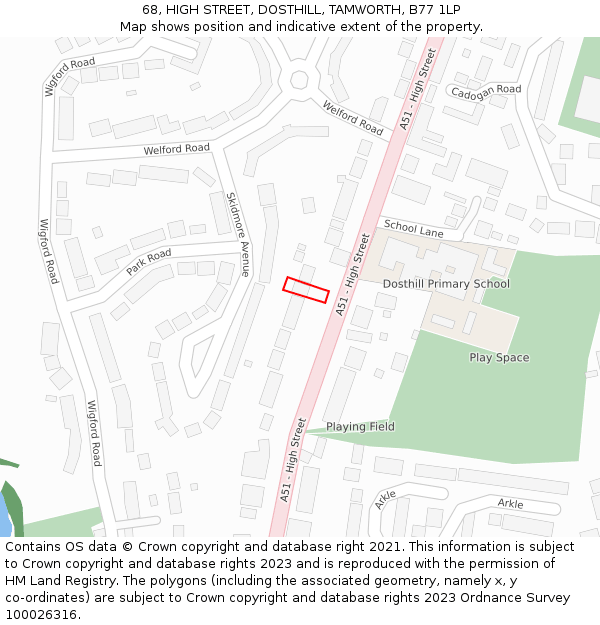 68, HIGH STREET, DOSTHILL, TAMWORTH, B77 1LP: Location map and indicative extent of plot