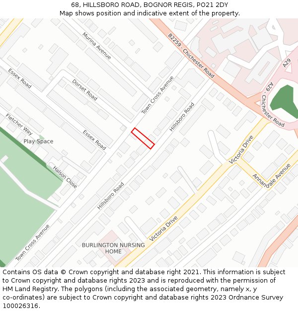 68, HILLSBORO ROAD, BOGNOR REGIS, PO21 2DY: Location map and indicative extent of plot