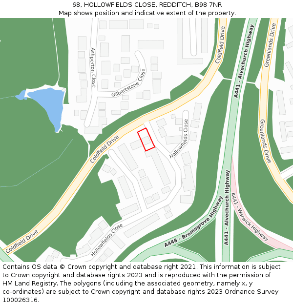 68, HOLLOWFIELDS CLOSE, REDDITCH, B98 7NR: Location map and indicative extent of plot