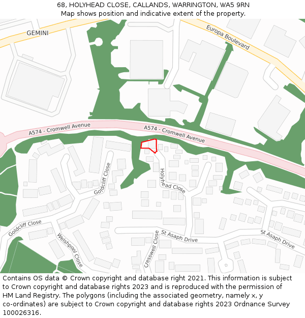 68, HOLYHEAD CLOSE, CALLANDS, WARRINGTON, WA5 9RN: Location map and indicative extent of plot