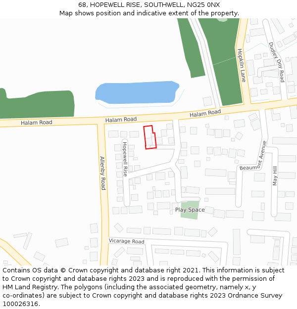 68, HOPEWELL RISE, SOUTHWELL, NG25 0NX: Location map and indicative extent of plot