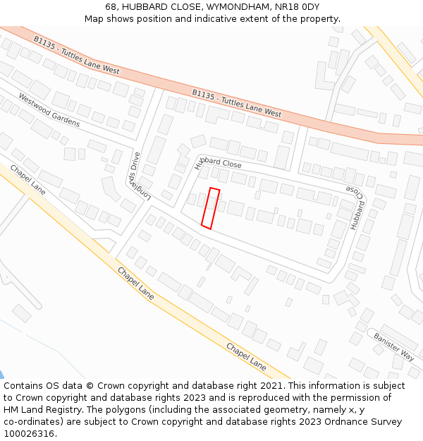 68, HUBBARD CLOSE, WYMONDHAM, NR18 0DY: Location map and indicative extent of plot