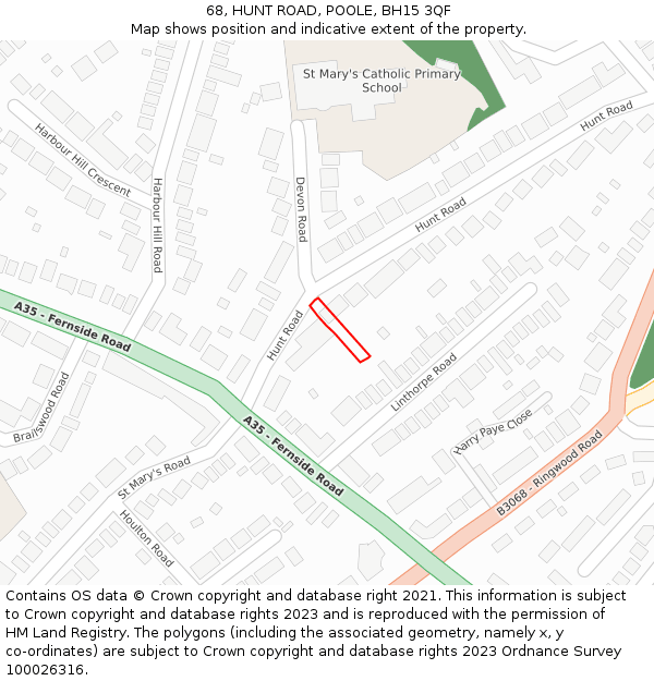 68, HUNT ROAD, POOLE, BH15 3QF: Location map and indicative extent of plot