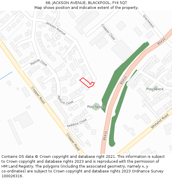 68, JACKSON AVENUE, BLACKPOOL, FY4 5QT: Location map and indicative extent of plot