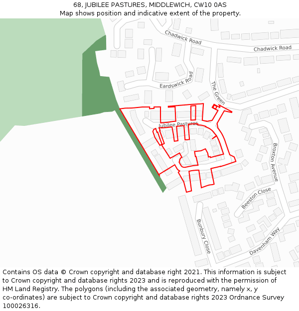 68, JUBILEE PASTURES, MIDDLEWICH, CW10 0AS: Location map and indicative extent of plot