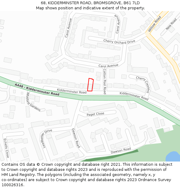 68, KIDDERMINSTER ROAD, BROMSGROVE, B61 7LD: Location map and indicative extent of plot