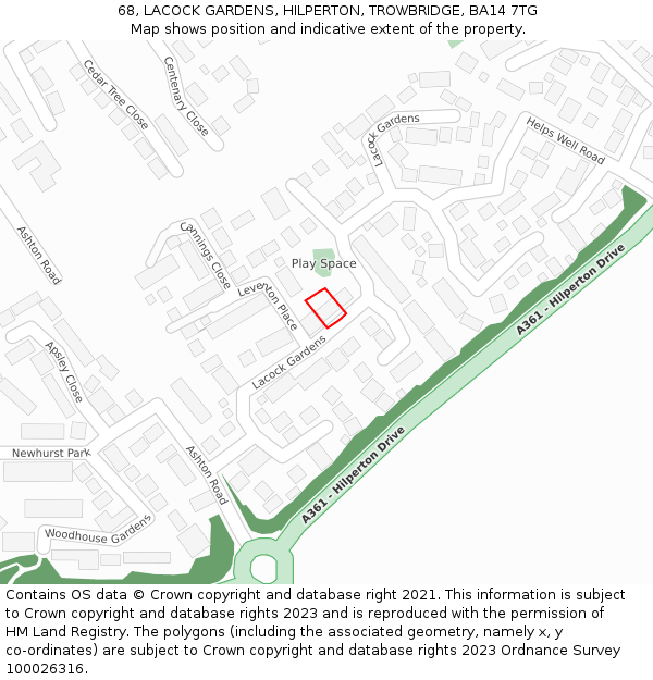 68, LACOCK GARDENS, HILPERTON, TROWBRIDGE, BA14 7TG: Location map and indicative extent of plot