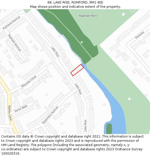 68, LAKE RISE, ROMFORD, RM1 4EE: Location map and indicative extent of plot