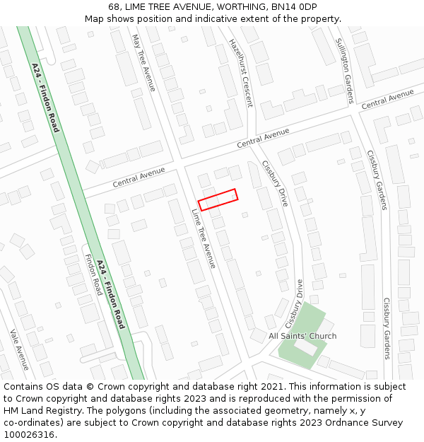 68, LIME TREE AVENUE, WORTHING, BN14 0DP: Location map and indicative extent of plot