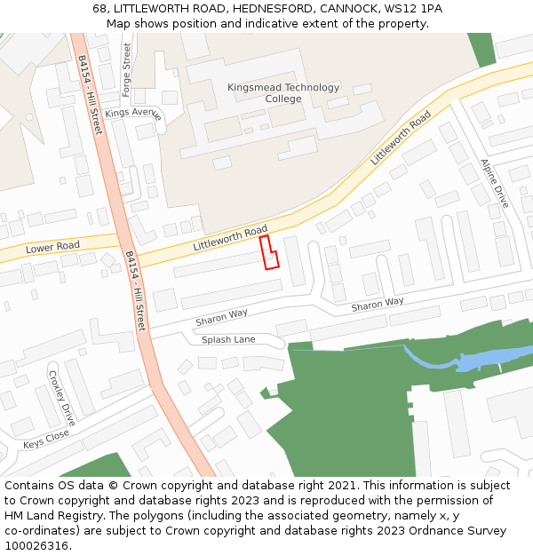 68, LITTLEWORTH ROAD, HEDNESFORD, CANNOCK, WS12 1PA: Location map and indicative extent of plot