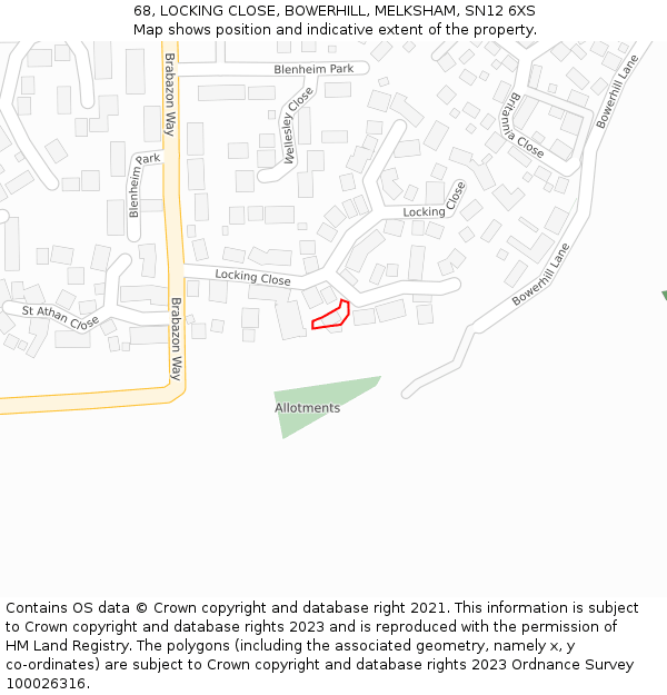 68, LOCKING CLOSE, BOWERHILL, MELKSHAM, SN12 6XS: Location map and indicative extent of plot