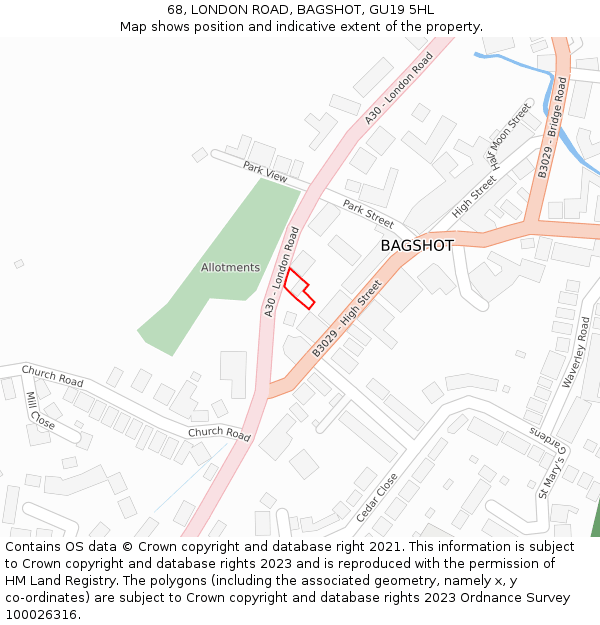 68, LONDON ROAD, BAGSHOT, GU19 5HL: Location map and indicative extent of plot