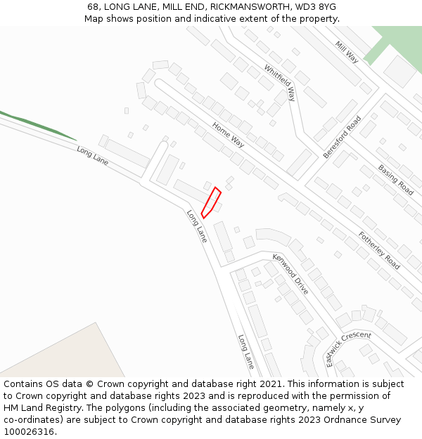 68, LONG LANE, MILL END, RICKMANSWORTH, WD3 8YG: Location map and indicative extent of plot