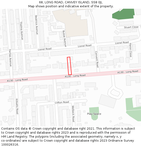 68, LONG ROAD, CANVEY ISLAND, SS8 0JL: Location map and indicative extent of plot