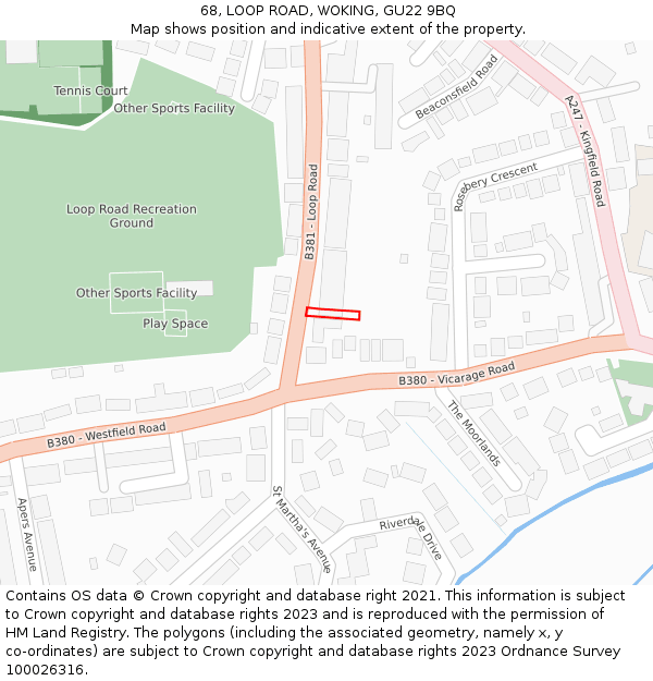 68, LOOP ROAD, WOKING, GU22 9BQ: Location map and indicative extent of plot