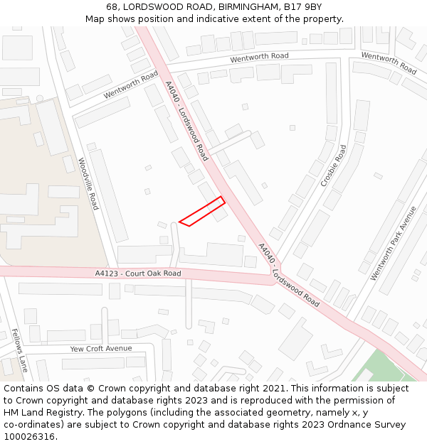 68, LORDSWOOD ROAD, BIRMINGHAM, B17 9BY: Location map and indicative extent of plot