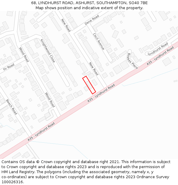 68, LYNDHURST ROAD, ASHURST, SOUTHAMPTON, SO40 7BE: Location map and indicative extent of plot