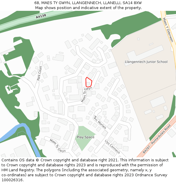 68, MAES TY GWYN, LLANGENNECH, LLANELLI, SA14 8XW: Location map and indicative extent of plot