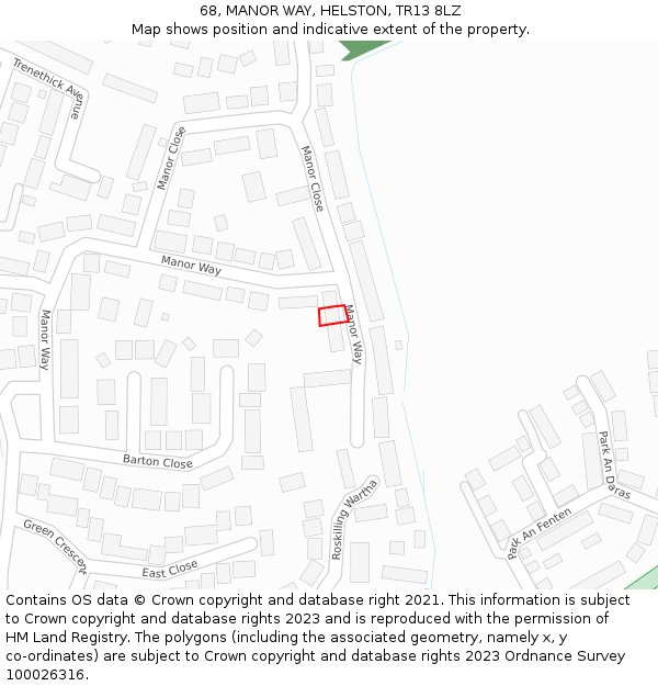 68, MANOR WAY, HELSTON, TR13 8LZ: Location map and indicative extent of plot