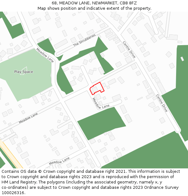 68, MEADOW LANE, NEWMARKET, CB8 8FZ: Location map and indicative extent of plot