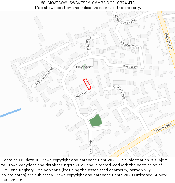 68, MOAT WAY, SWAVESEY, CAMBRIDGE, CB24 4TR: Location map and indicative extent of plot