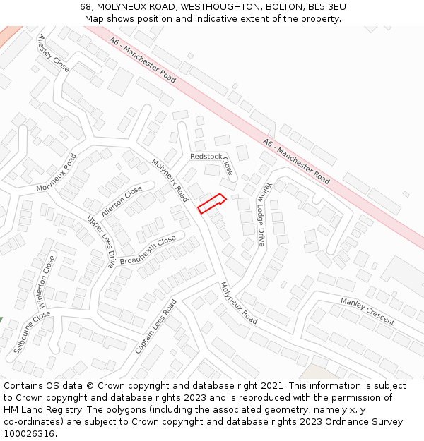 68, MOLYNEUX ROAD, WESTHOUGHTON, BOLTON, BL5 3EU: Location map and indicative extent of plot