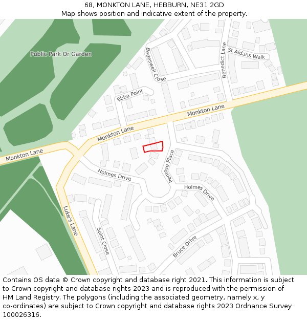 68, MONKTON LANE, HEBBURN, NE31 2GD: Location map and indicative extent of plot