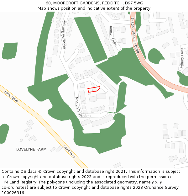 68, MOORCROFT GARDENS, REDDITCH, B97 5WG: Location map and indicative extent of plot