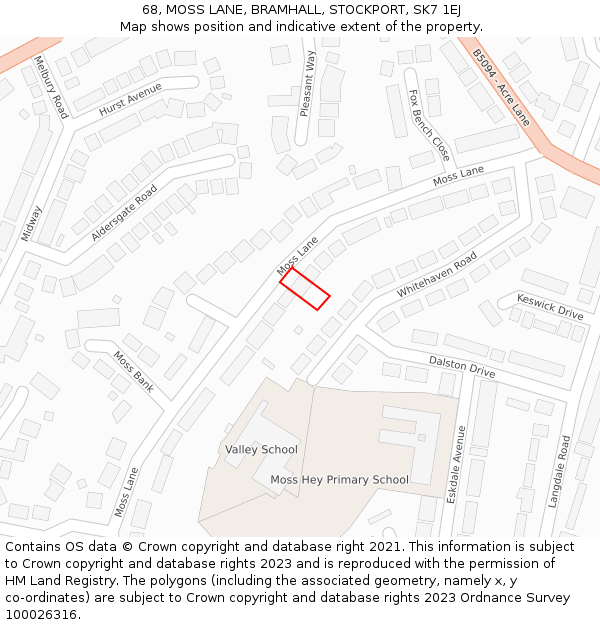 68, MOSS LANE, BRAMHALL, STOCKPORT, SK7 1EJ: Location map and indicative extent of plot