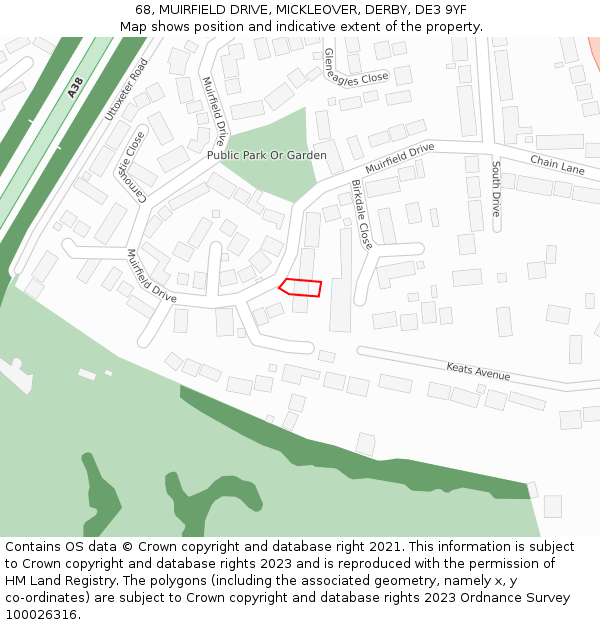 68, MUIRFIELD DRIVE, MICKLEOVER, DERBY, DE3 9YF: Location map and indicative extent of plot