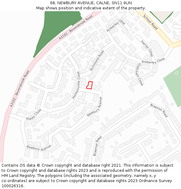 68, NEWBURY AVENUE, CALNE, SN11 9UN: Location map and indicative extent of plot